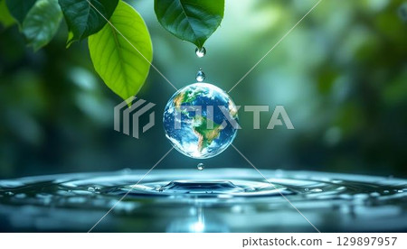 A water droplet featuring the Earth, emphasizing the significance of environmental care on World Environment Day A water droplet featuring the Earth, emphasizing the significance of environmental care on World Environment Day 129897957