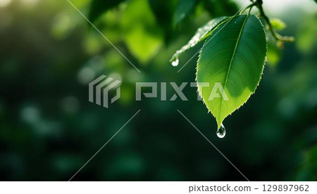 A drop of water clings to a leaf, symbolizing nature's beauty on World Environment Day A drop of water clings to a leaf, symbolizing nature's beauty on World Environment Day 129897962
