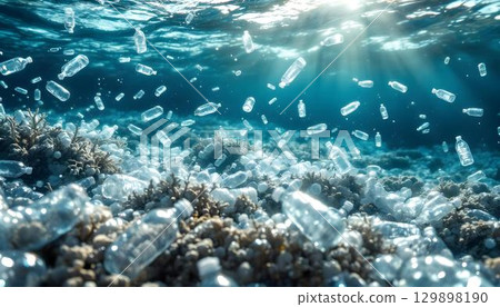 Plastic debris floating in the ocean, highlighting the urgent issue of pollution on World Environment Day Plastic debris floating in the ocean, highlighting the urgent issue of pollution on World Environment Day 129898190
