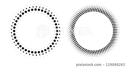 Halftone circle frame, radial dots pattern, abstract vintage circular graphic element. Halftone circle frame, radial dots pattern, abstract vintage circular graphic element. 129898263