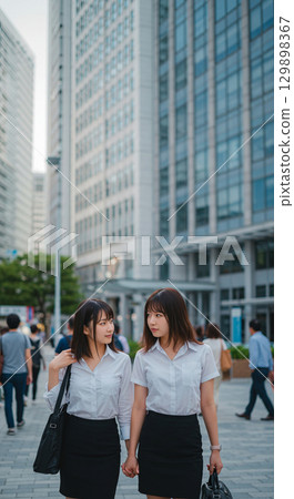 Two students standing side by side under a clear blue sky Two students standing side by side under a clear blue sky 129898367