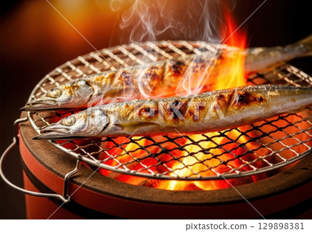 秋刀魚在炭火上烤製 129898381