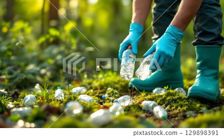 On World Environment Day, an individual in rubber boots collects plastic bottles to raise awareness about environmental issues and cleanliness 129898391