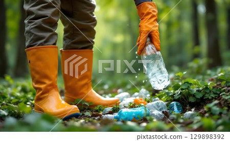 Celebrating World Environment Day, a person in rubber boots collects plastic bottles, emphasizing the need for a cleaner planet Celebrating World Environment Day, a person in rubber boots collects plastic bottles, emphasizing the need for a cleaner planet 129898392