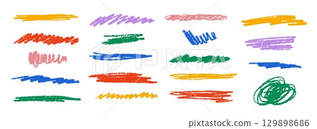 Bright colorful childish scribble set. Colored crayon doodle lines and stripes collection. Hand drawn rough charcoal brushstroke elements. Pastel pencil curly, wavy, squiggly strokes bundle. Vector Bright colorful childish scribble set. Colored crayon doodle lines and stripes collection. Hand drawn rough charcoal brushstroke elements. Pastel pencil curly, wavy, squiggly strokes bundle. Vector 129898686
