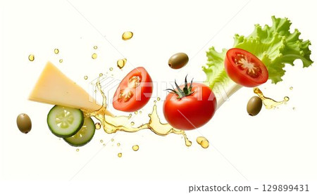 A vibrant salad of spring vegetables with olive oil splashing over it, captured in a stunning food photography style 129899431