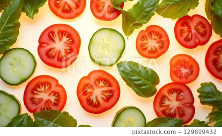 An arrangement of fresh tomatoes, cucumbers, and basil on a white background showcases the beauty of spring produce 129899432