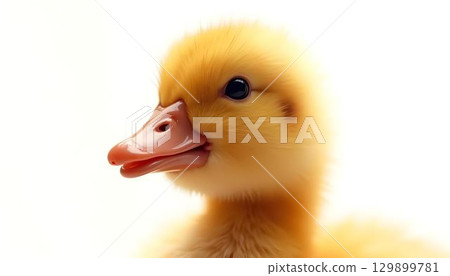 A close-up image of a duckling set against a white backdrop, capturing the delicate features of this newborn creature 129899781
