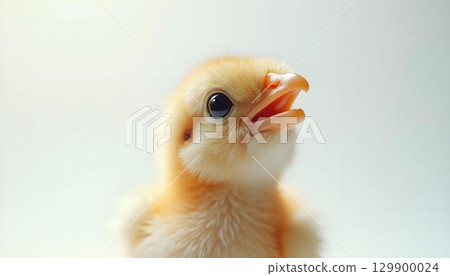 A baby chicken stands against a bright blue sky, symbolizing hope and the arrival of spring 129900024