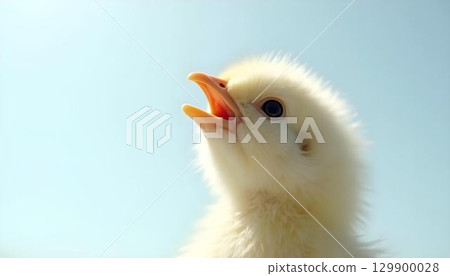 Close-up of a baby chicken with its mouth open, representing the joyful emergence of new life in nature 129900028