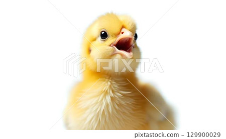 A baby chicken with its mouth open, showcasing the vibrant spirit of new life in a heartwarming close-up 129900029