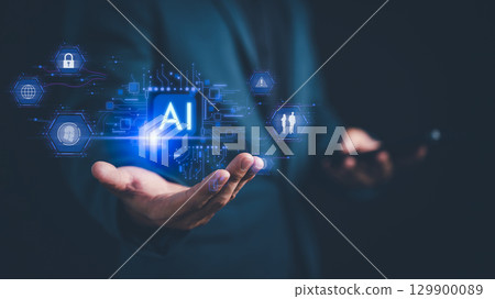 Businessman holding a digital AI interface with icons data, privacy, fingerprint scan, people, and cybersecurity. AI agent and assistant concept of artificial intelligence and digital protection. 129900089