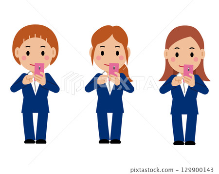 A young woman in a navy blue suit operating a smartphone. Part 2 A young woman in a navy blue suit operating a smartphone. Part 2 129900143