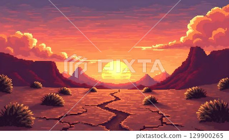 Retro pixel art scene of a desert with animated rocks, designed for vintage arcade game backgrounds 129900265
