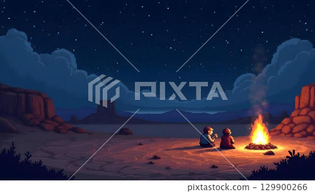 Two pixelated figures sit by a campfire in a retro desert setting, surrounded by vintage 8-bit art elements 129900266