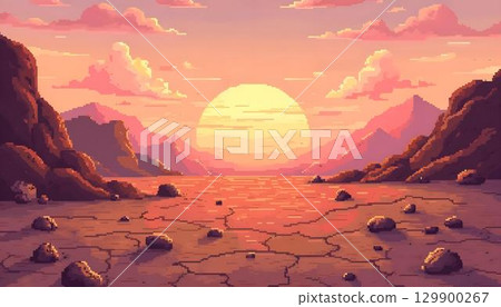 Animated 8-bit desert landscape featuring pixelated rocks and terrain, perfect for retro arcade game assets 129900267