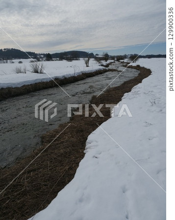 River is frozen over with snow and the water is murky River is frozen over with snow and the water is murky 129900336