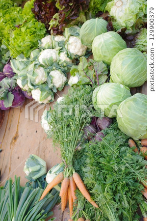 Table full of vegetables including carrots, cabbage, and lettuce 129900379