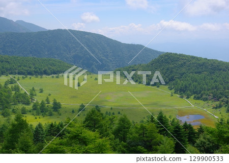 View of Ikenodaira Marsh and Mount Asama from the Cloud Hill Square in Ikenodaira Marsh, Nagano Prefecture 129900533
