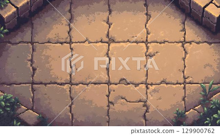 Tile floor featuring pixelated plants and grass in a retro 8-bit style, perfect for vintage game backgrounds 129900762