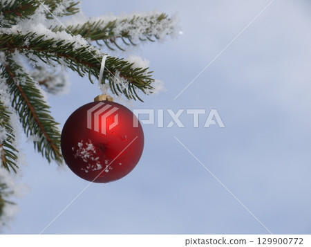 Red christmas ornament hanging from a tree branch 129900772