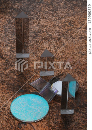 Collection of glass objects, including a blue and white circle Collection of glass objects, including a blue and white circle 129900839