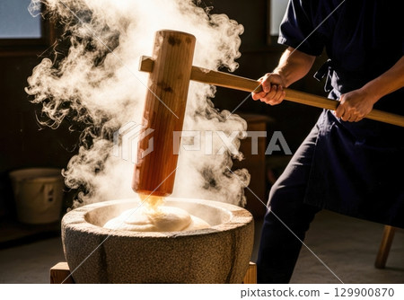 傳統日式搗年糕的場景 129900870