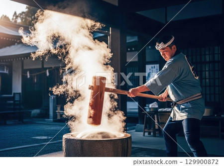 Traditional Japanese mochi pounding scene 129900872