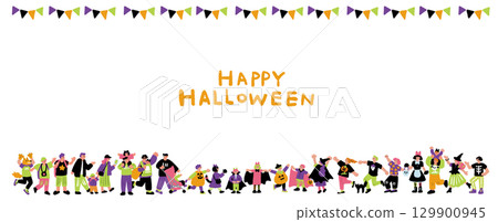 Hand-drawn illustration of people enjoying a Halloween party and dressing up in costumes Hand-drawn illustration of people enjoying a Halloween party and dressing up in costumes 129900945