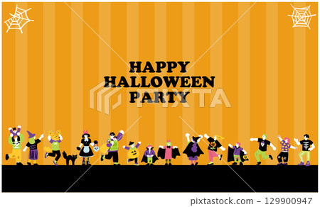 手繪插圖，描繪了參加萬聖節派對和穿著萬聖節服裝的人們 129900947