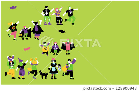 手繪插圖，描繪了參加萬聖節派對和穿著萬聖節服裝的人們 129900948