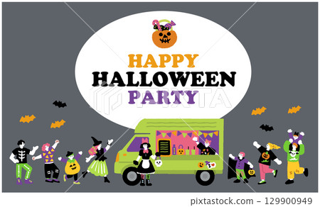 A hand-drawn illustration of a food truck, a Halloween party, and people enjoying costumes 129900949