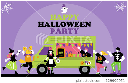 手繪插畫，描繪了一輛美食餐車、一場萬聖節派對以及一群穿著萬聖節服裝的人們 129900951