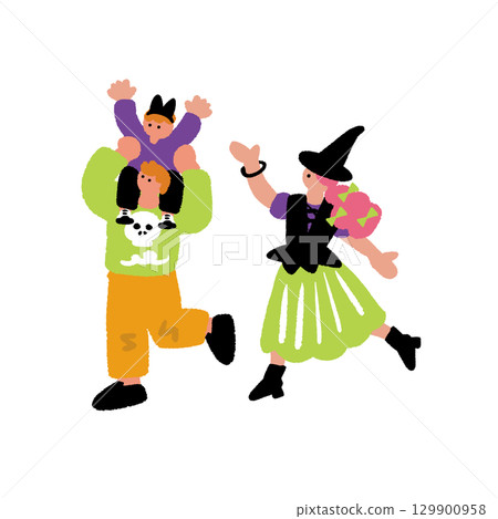 Hand-drawn illustration of parents and children dressed up for Halloween 129900958