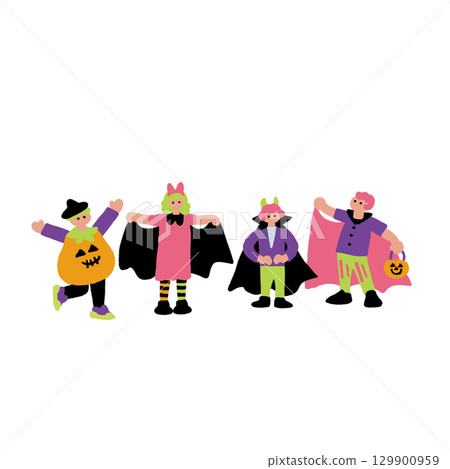 孩子們萬聖節裝扮的手繪插圖 129900959