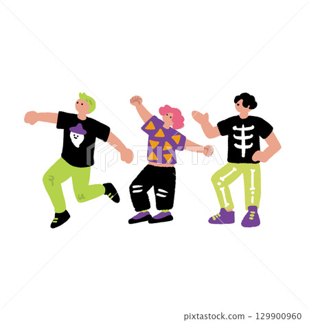 Hand-drawn illustration of young people dressed up for Halloween 129900960