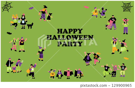 手繪插圖，描繪了參加萬聖節派對和穿著萬聖節服裝的人們 129900965