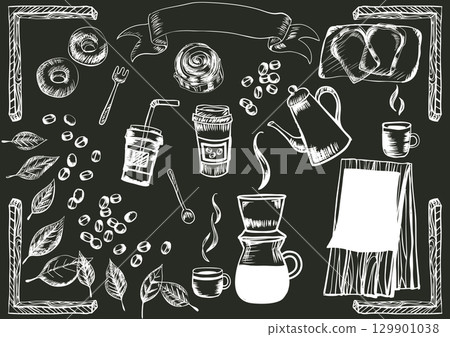 粉筆藝術風格手繪復古咖啡館套裝（含咖啡、甜甜圈、麵包和相框） 129901038