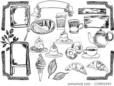 Hand-drawn retro cafe set (with tea, coffee, sweets, bread and frame) Hand-drawn retro cafe set (with tea, coffee, sweets, bread and frame) 129901043
