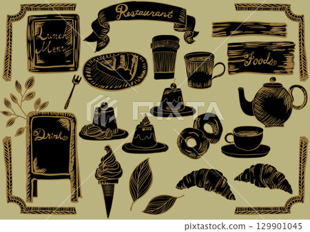 Classic hand-drawn retro cafe set (with tea, coffee, sweets, bread, and frame) 129901045