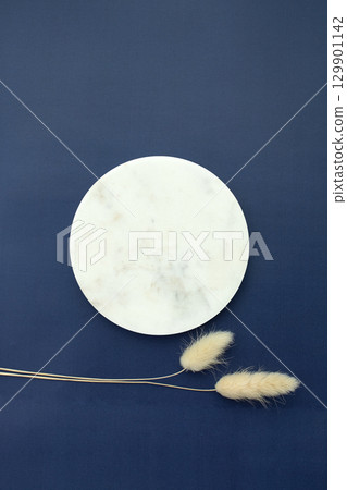 Chuseok holiday image with moon, Marble stand for product photography background 129901142