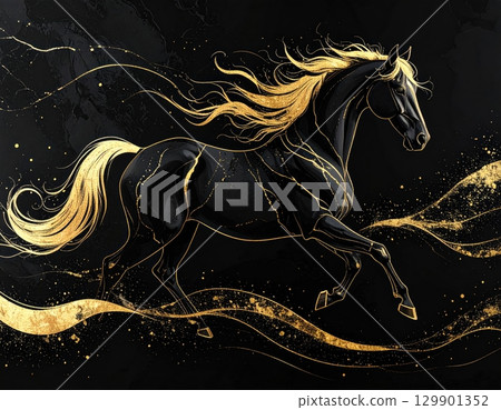 Horse art with a beautiful contrast of black and gold 129901352