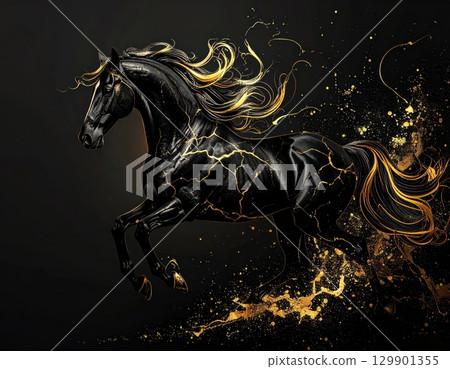 Horse art with a beautiful contrast of black and gold 129901355