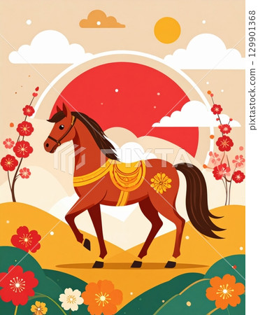 以馬為主題的日式平面插畫素材 以馬為主題的日式平面插畫素材 129901368