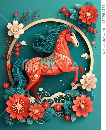 優雅的亞洲花卉和馬匹藝術 129901381