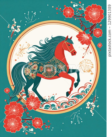 以馬為主題的日式平面插畫素材 129901389