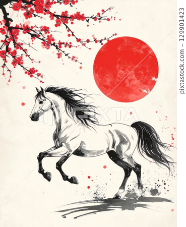 以水墨畫風格的十二生肖和馬為主題的新年賀卡材料 以水墨畫風格的十二生肖和馬為主題的新年賀卡材料 129901423