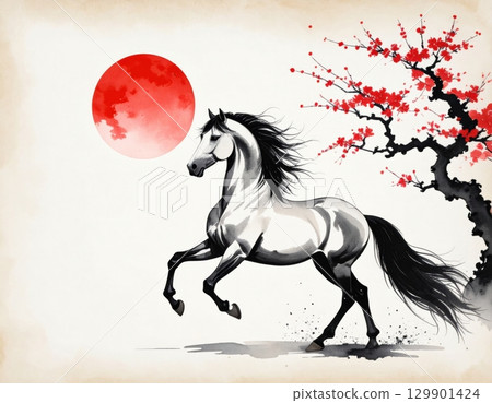 以水墨畫風格的十二生肖和馬為主題的新年賀卡材料 129901424