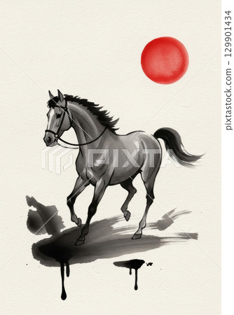 以水墨畫風格的十二生肖和馬為主題的新年賀卡材料 以水墨畫風格的十二生肖和馬為主題的新年賀卡材料 129901434