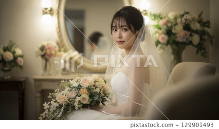 Wedding Solo portrait of the bride getting ready in the waiting room 129901493
